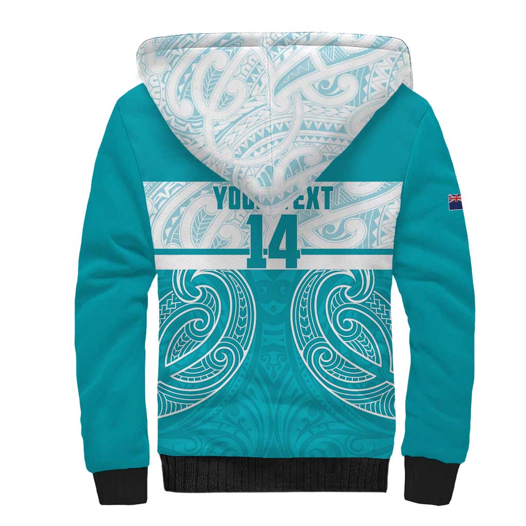 New Zealand Silver Fern Cricket Custom Sherpa Hoodie Black Cap Teal Maori Pattern - Vibe Hoodie