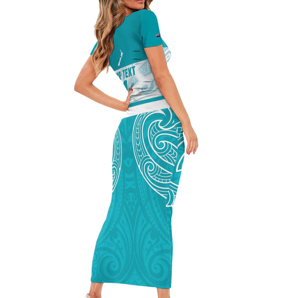 New Zealand Silver Fern Cricket Custom Short Sleeve Bodycon Dress Black Cap Teal Maori Pattern - Vibe Hoodie