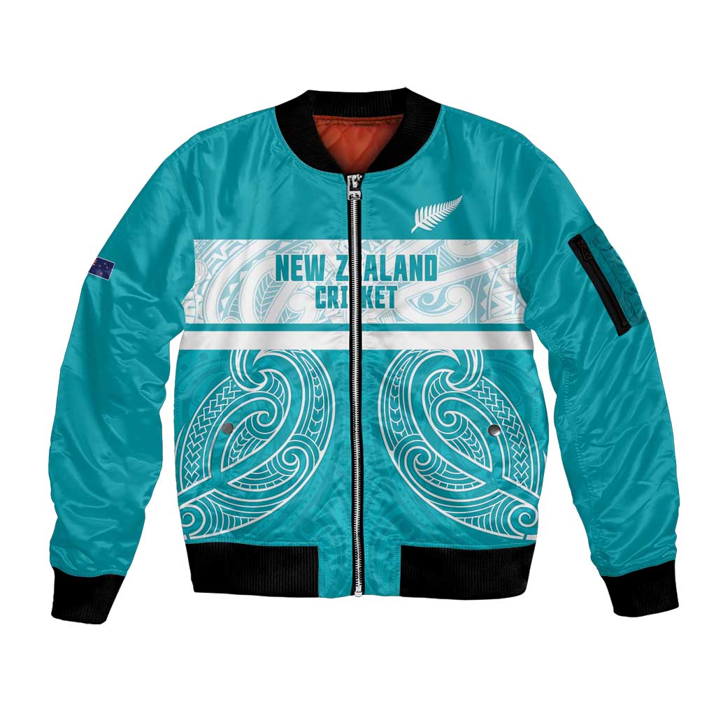 New Zealand Silver Fern Cricket Custom Sleeve Zip Bomber Jacket Black Cap Teal Maori Pattern - Vibe Hoodie