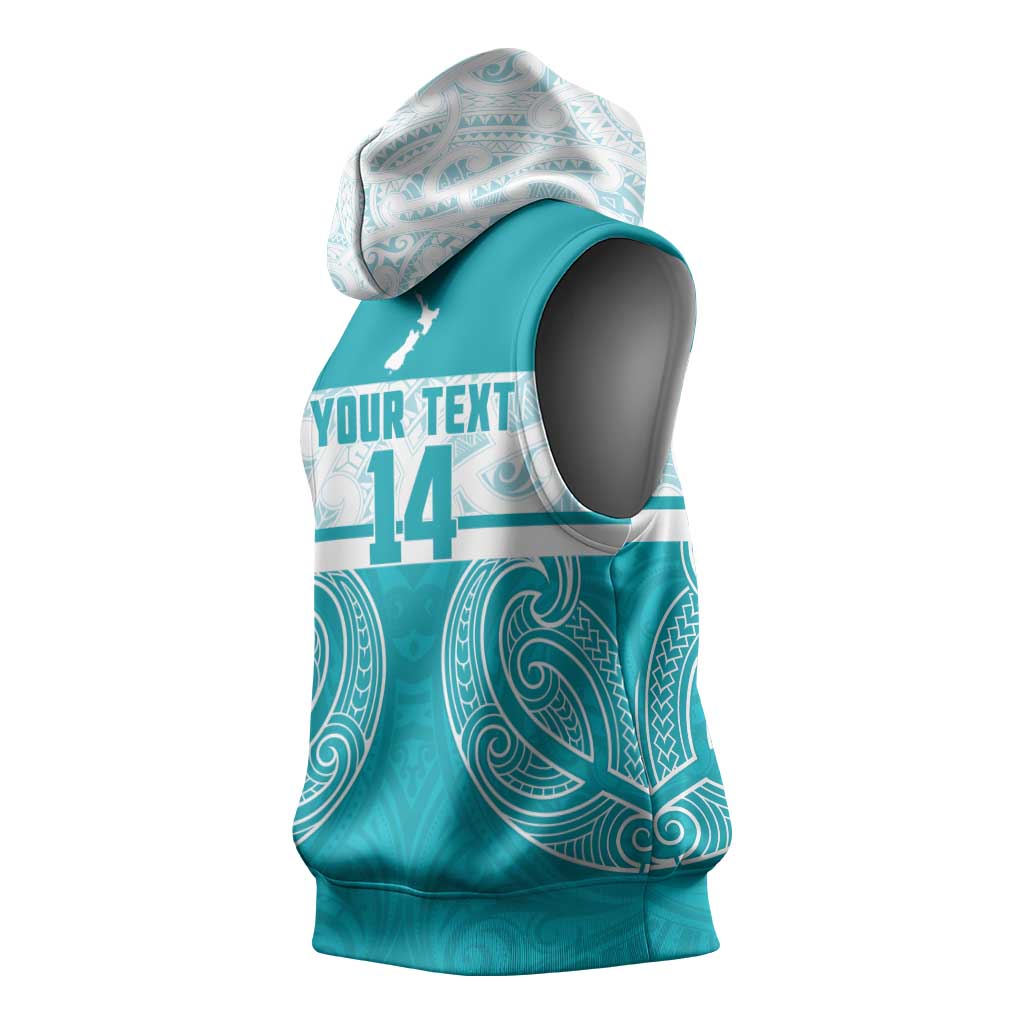 New Zealand Silver Fern Cricket Custom Sleeveless Hoodie Black Cap Teal Maori Pattern - Vibe Hoodie