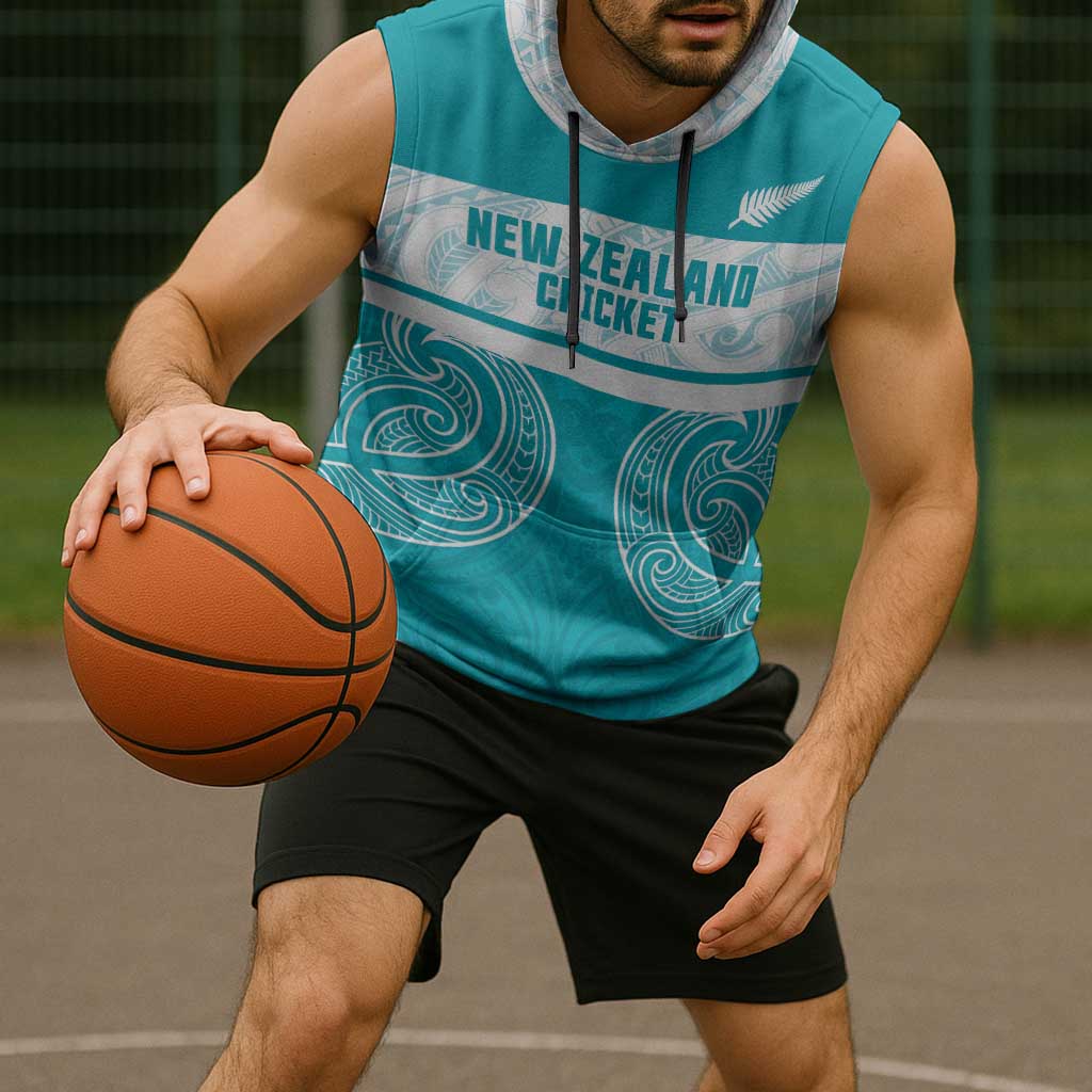 New Zealand Silver Fern Cricket Custom Sleeveless Hoodie Black Cap Teal Maori Pattern - Vibe Hoodie