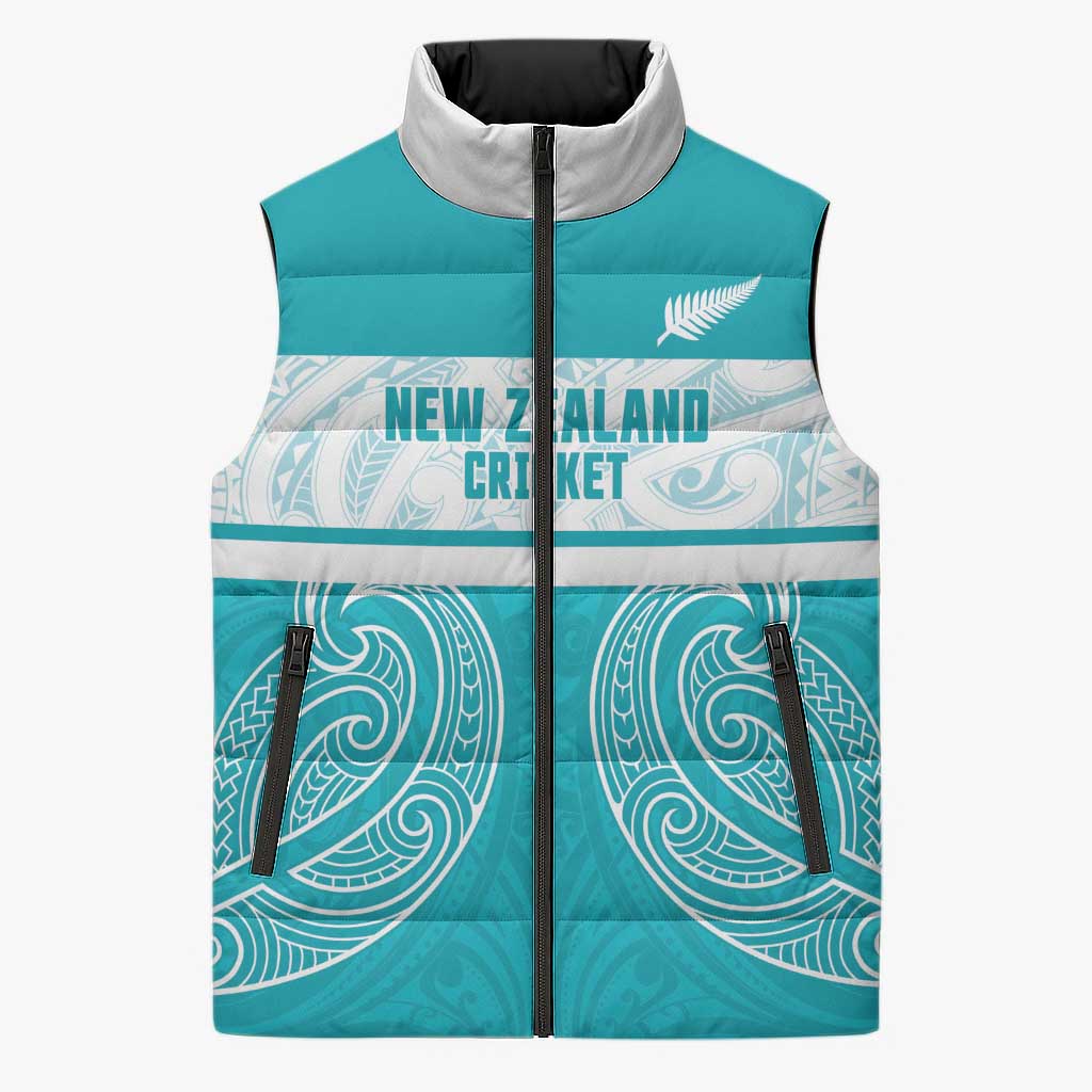 New Zealand Silver Fern Cricket Custom Sleeveless Puffer Jacket Black Cap Teal Maori Pattern - Vibe Hoodie