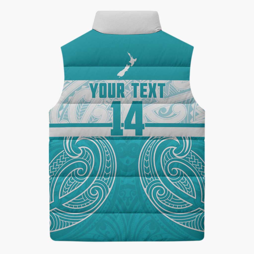 New Zealand Silver Fern Cricket Custom Sleeveless Puffer Jacket Black Cap Teal Maori Pattern - Vibe Hoodie