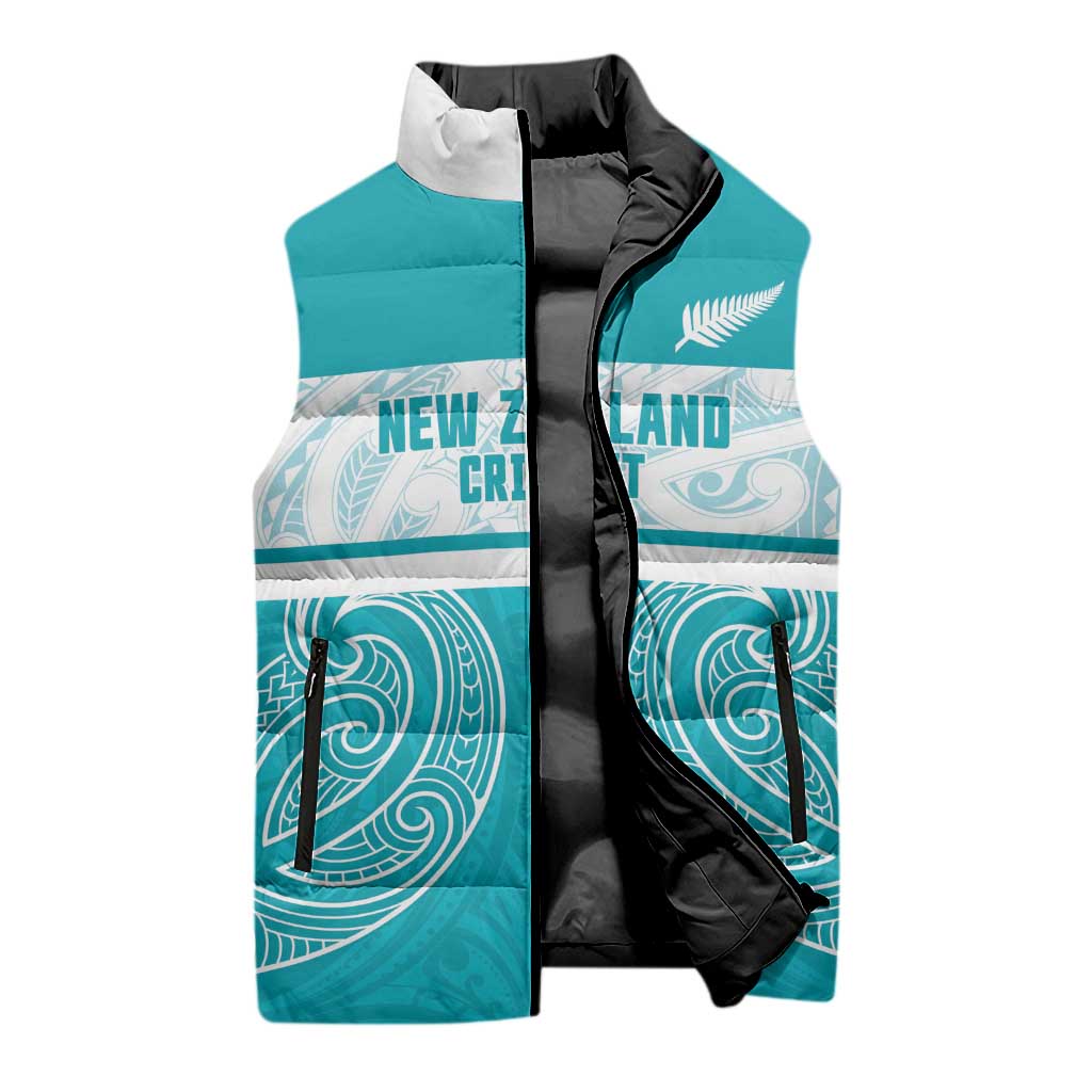 New Zealand Silver Fern Cricket Custom Sleeveless Puffer Jacket Black Cap Teal Maori Pattern - Vibe Hoodie