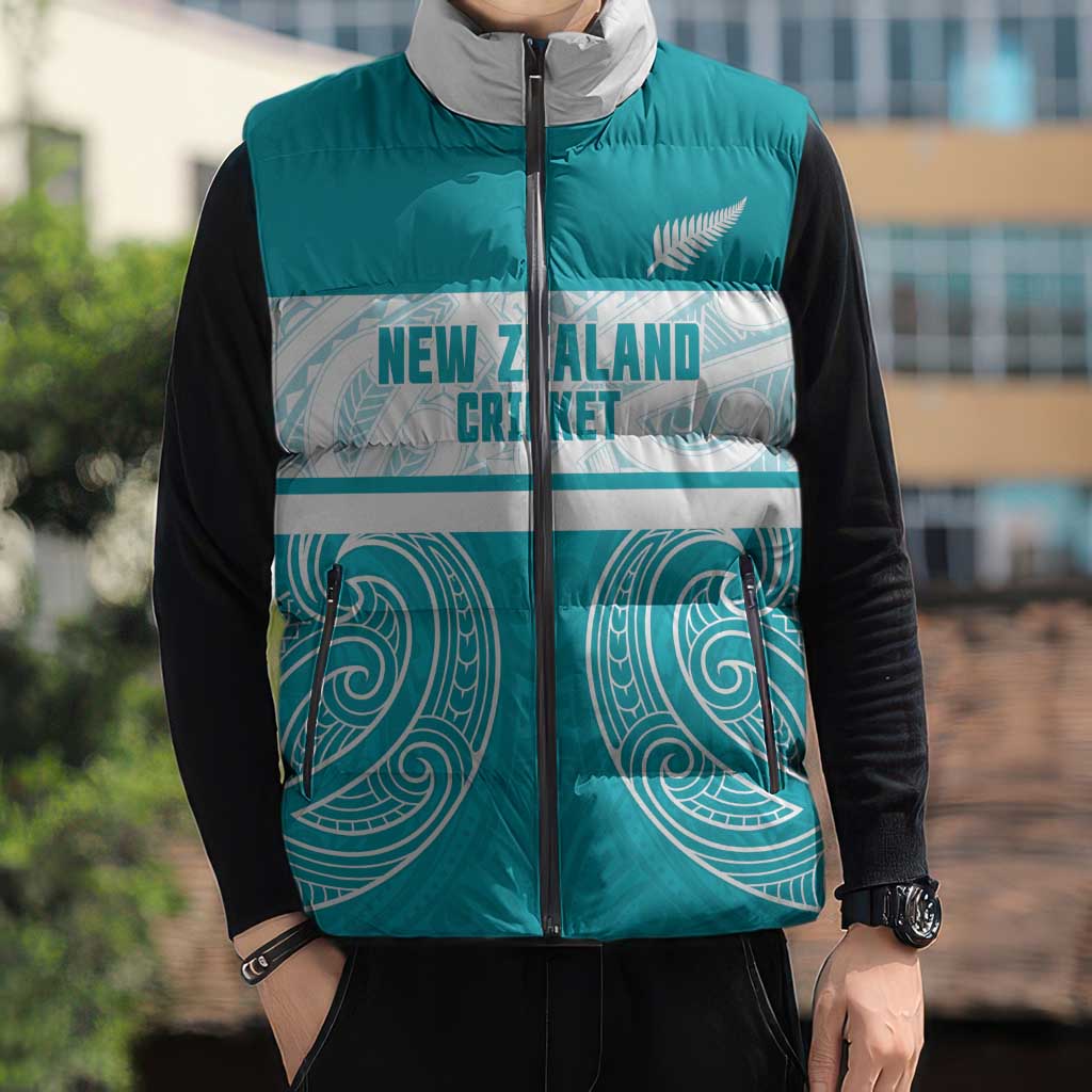 New Zealand Silver Fern Cricket Custom Sleeveless Puffer Jacket Black Cap Teal Maori Pattern - Vibe Hoodie
