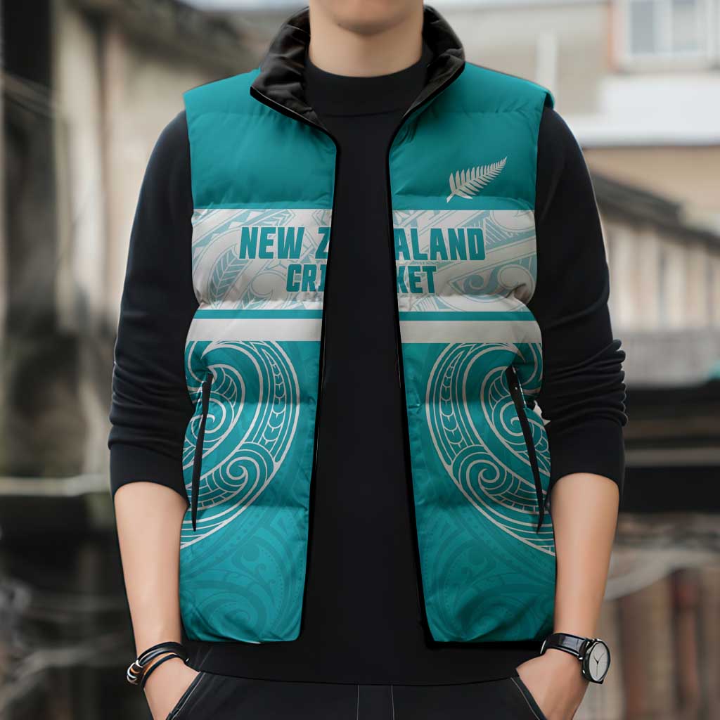 New Zealand Silver Fern Cricket Custom Sleeveless Puffer Jacket Black Cap Teal Maori Pattern - Vibe Hoodie
