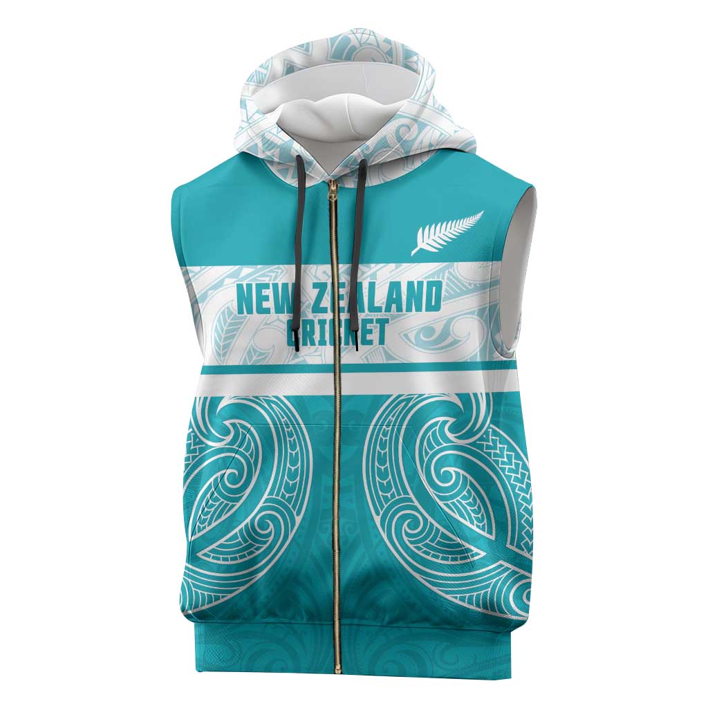 New Zealand Silver Fern Cricket Custom Sleeveless Zip Hoodie Black Cap Teal Maori Pattern - Vibe Hoodie