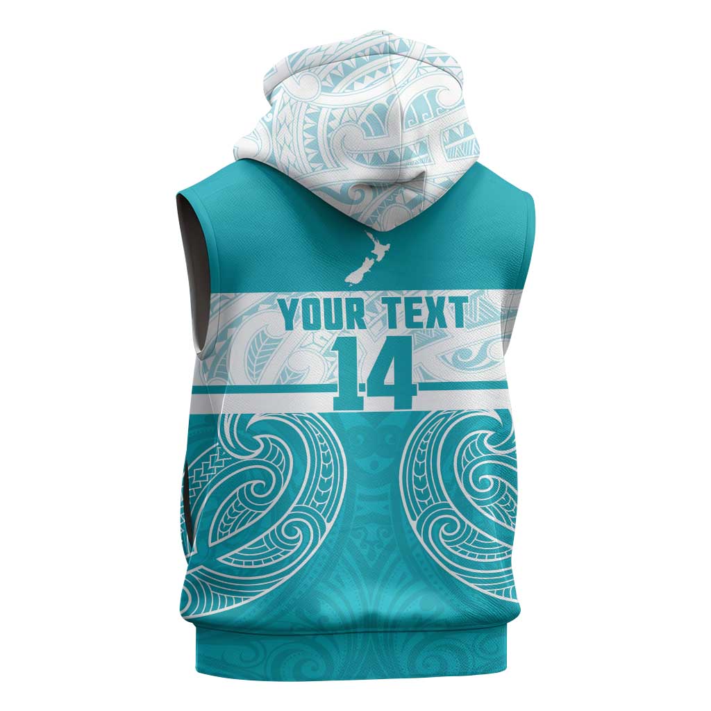 New Zealand Silver Fern Cricket Custom Sleeveless Zip Hoodie Black Cap Teal Maori Pattern - Vibe Hoodie