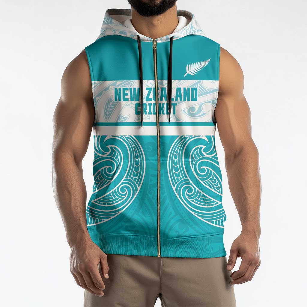 New Zealand Silver Fern Cricket Custom Sleeveless Zip Hoodie Black Cap Teal Maori Pattern - Vibe Hoodie