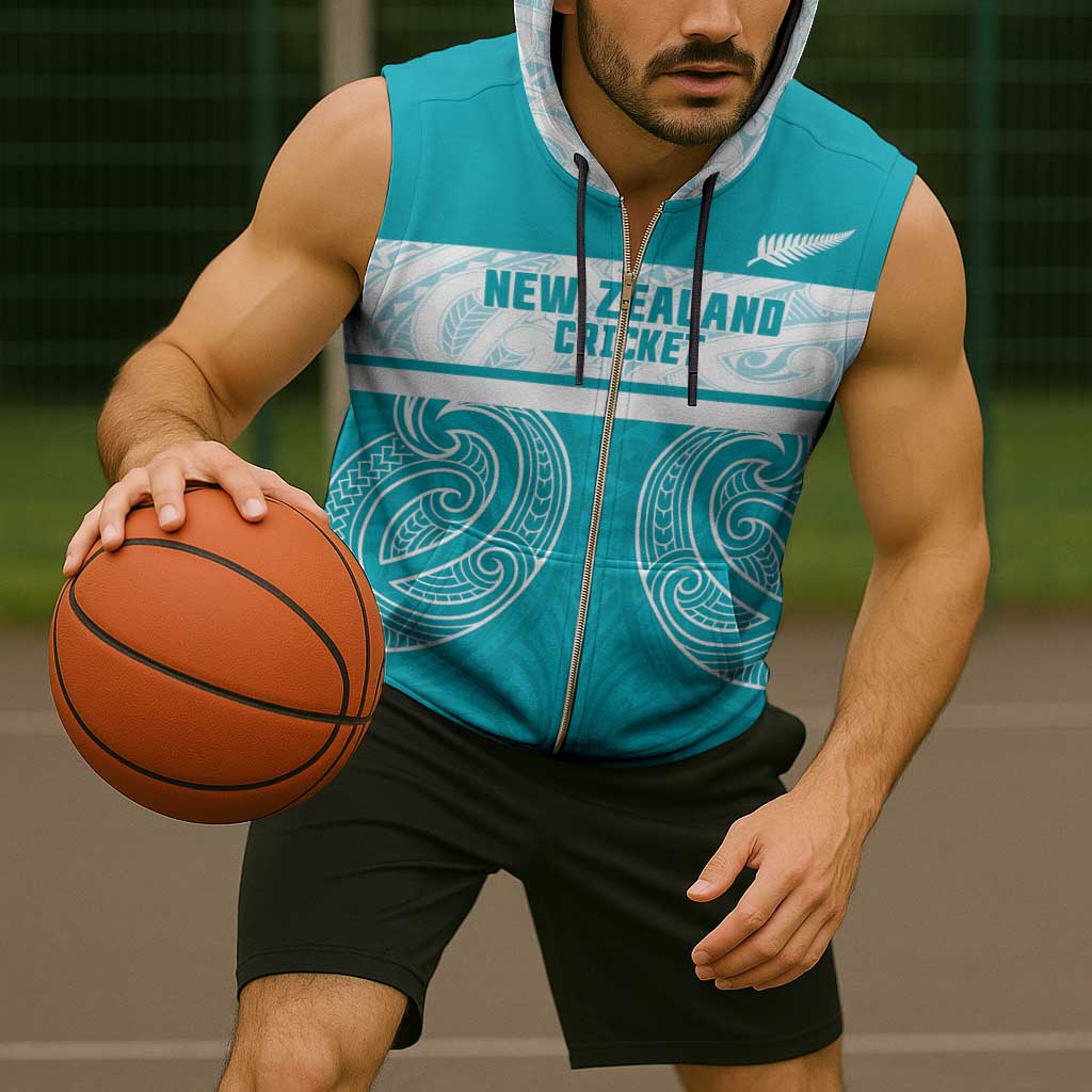 New Zealand Silver Fern Cricket Custom Sleeveless Zip Hoodie Black Cap Teal Maori Pattern - Vibe Hoodie