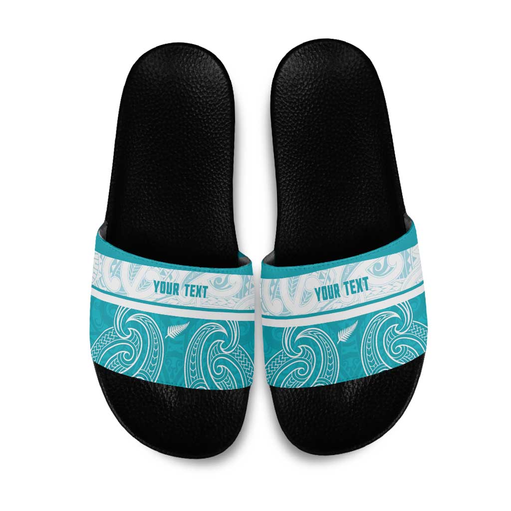 New Zealand Silver Fern Cricket Custom Slide Sandals Black Cap Teal Maori Pattern - Vibe Hoodie