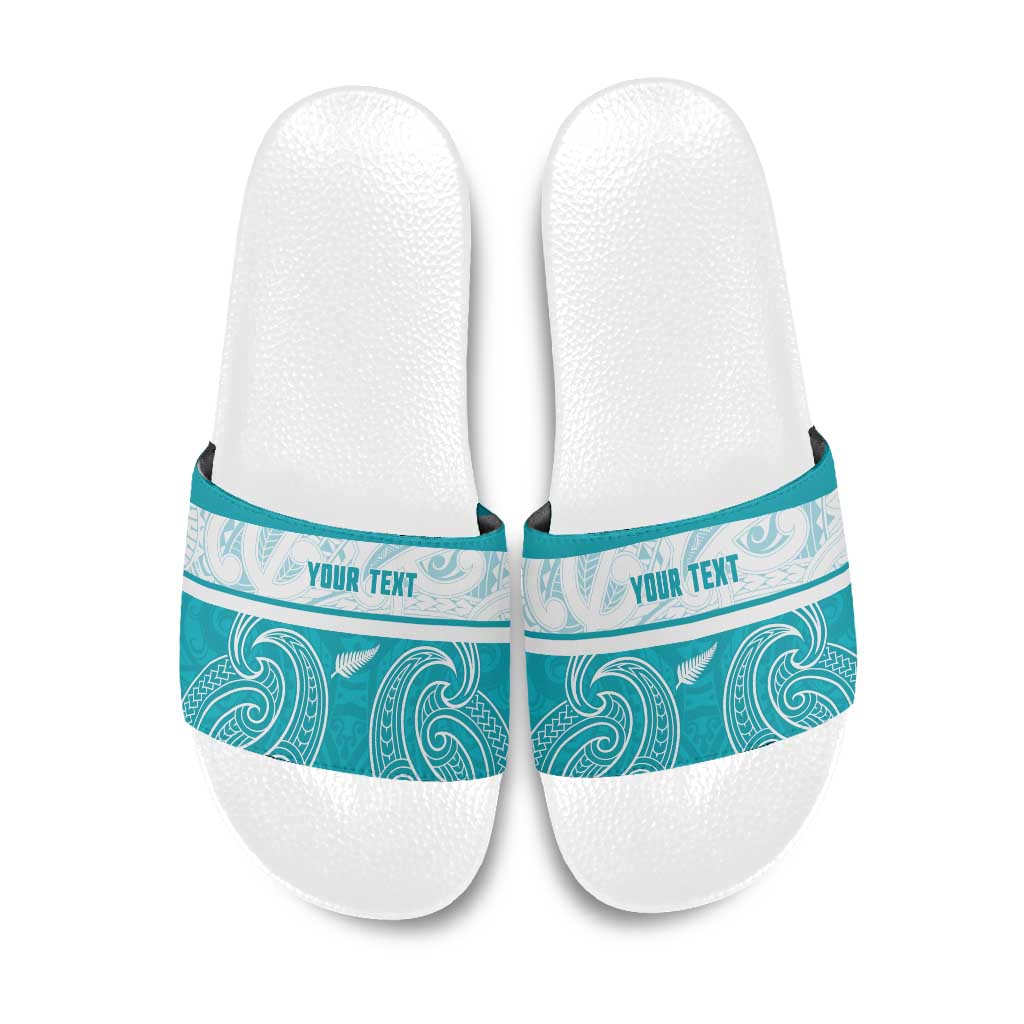 New Zealand Silver Fern Cricket Custom Slide Sandals Black Cap Teal Maori Pattern - Vibe Hoodie