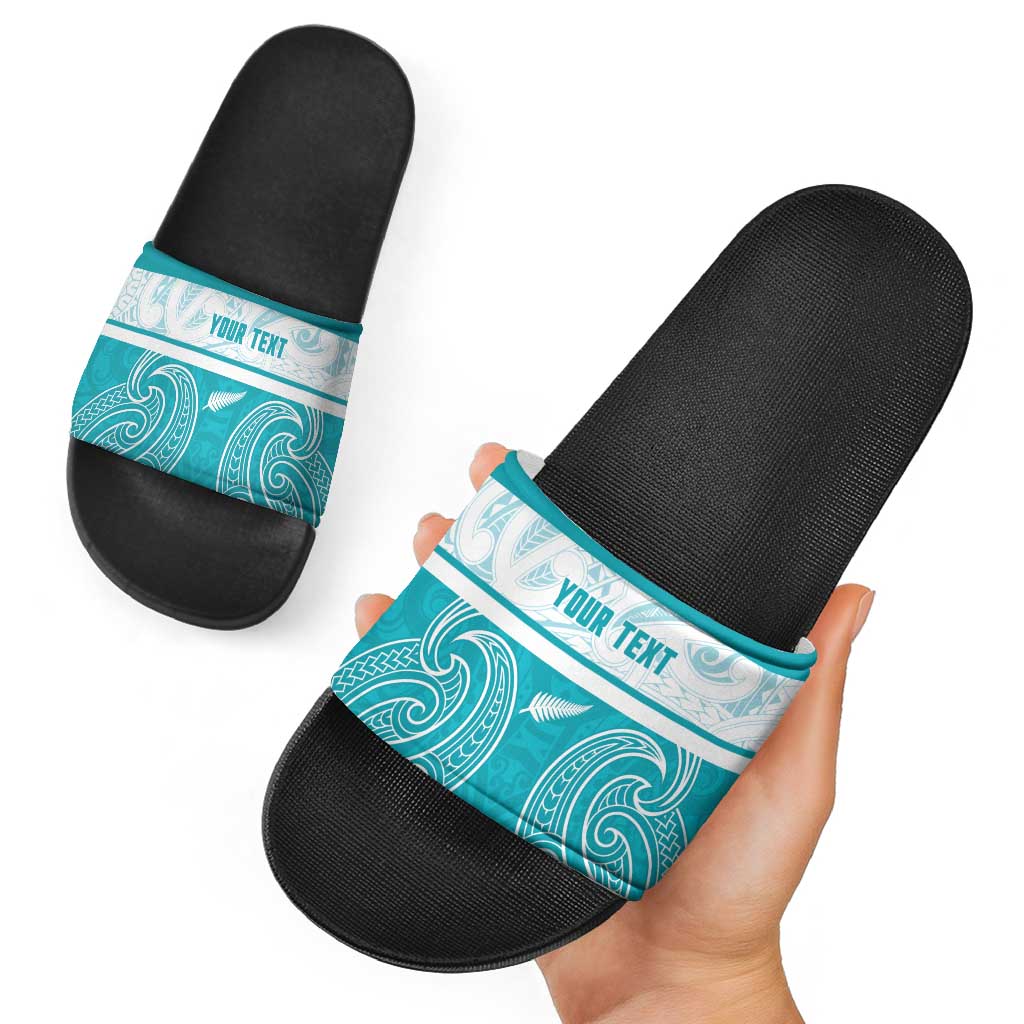 New Zealand Silver Fern Cricket Custom Slide Sandals Black Cap Teal Maori Pattern - Vibe Hoodie