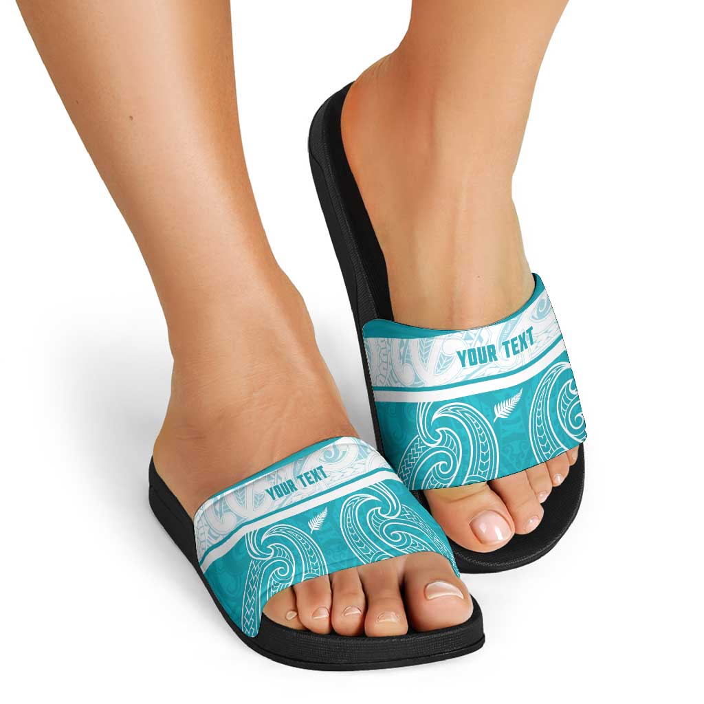 New Zealand Silver Fern Cricket Custom Slide Sandals Black Cap Teal Maori Pattern - Vibe Hoodie