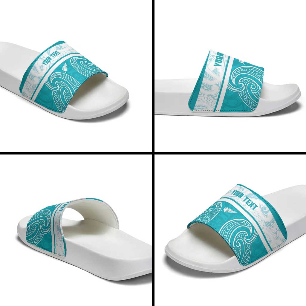 New Zealand Silver Fern Cricket Custom Slide Sandals Black Cap Teal Maori Pattern - Vibe Hoodie