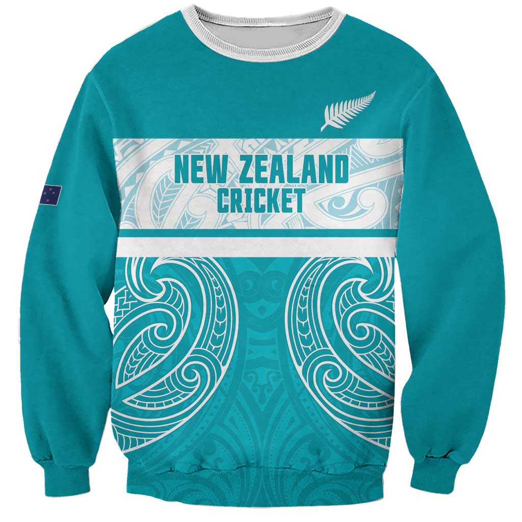 New Zealand Silver Fern Cricket Custom Sweatshirt Black Cap Teal Maori Pattern - Vibe Hoodie