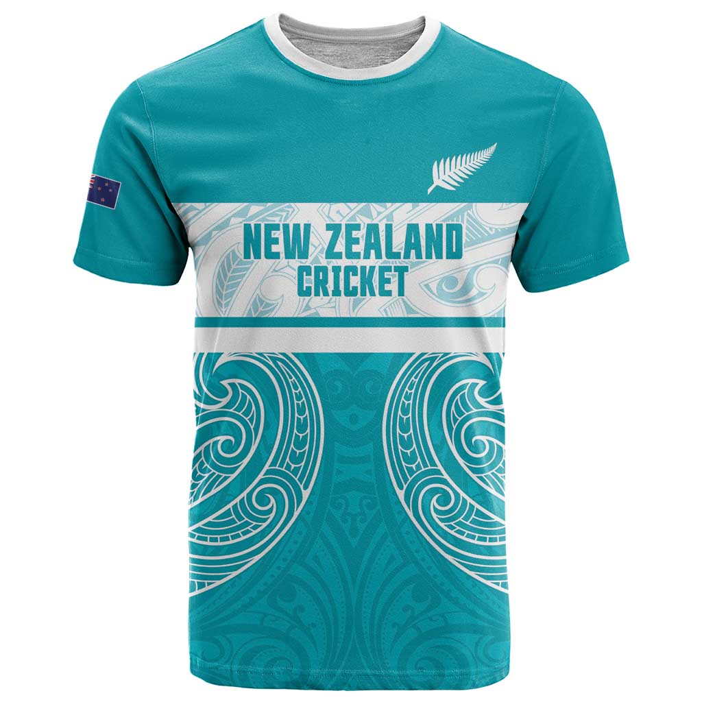 New Zealand Silver Fern Cricket Custom T Shirt Black Cap Teal Maori Pattern - Vibe Hoodie
