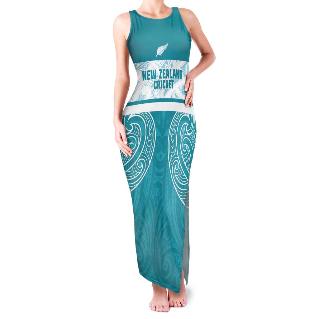 New Zealand Silver Fern Cricket Custom Tank Maxi Dress Black Cap Teal Maori Pattern - Vibe Hoodie