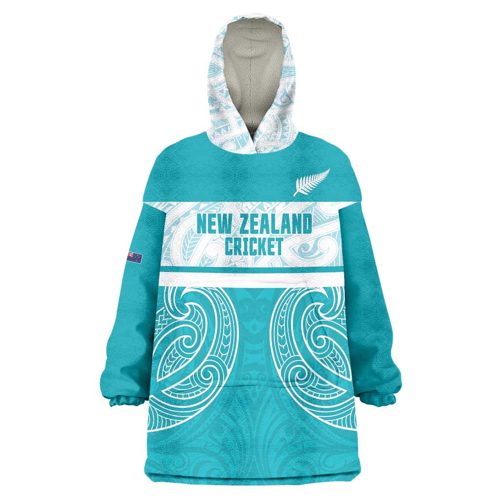 New Zealand Silver Fern Cricket Custom Wearable Blanket Hoodie Black Cap Teal Maori Pattern - Vibe Hoodie