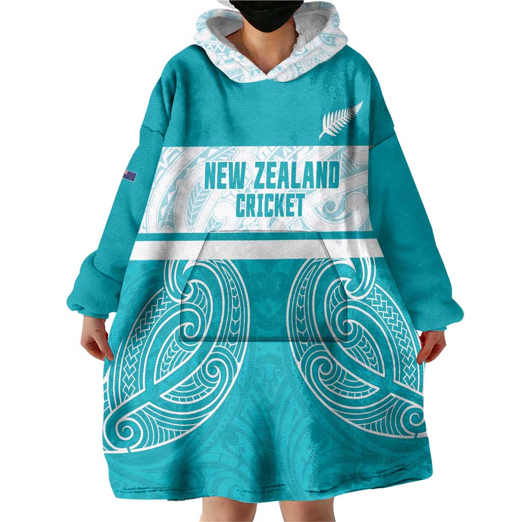 New Zealand Silver Fern Cricket Custom Wearable Blanket Hoodie Black Cap Teal Maori Pattern - Vibe Hoodie