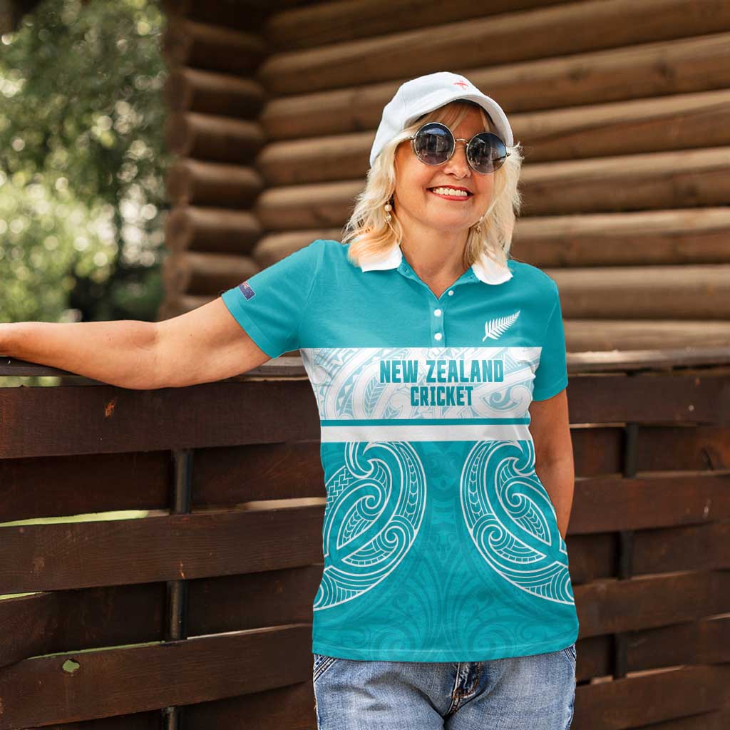 New Zealand Silver Fern Cricket Custom Women Polo Shirt Black Cap Teal Maori Pattern - Vibe Hoodie