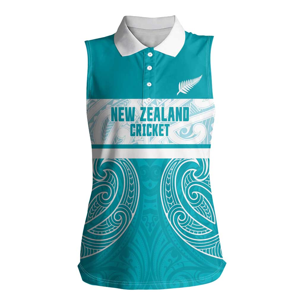 New Zealand Silver Fern Cricket Custom Women Sleeveless Polo Shirt Black Cap Teal Maori Pattern - Vibe Hoodie