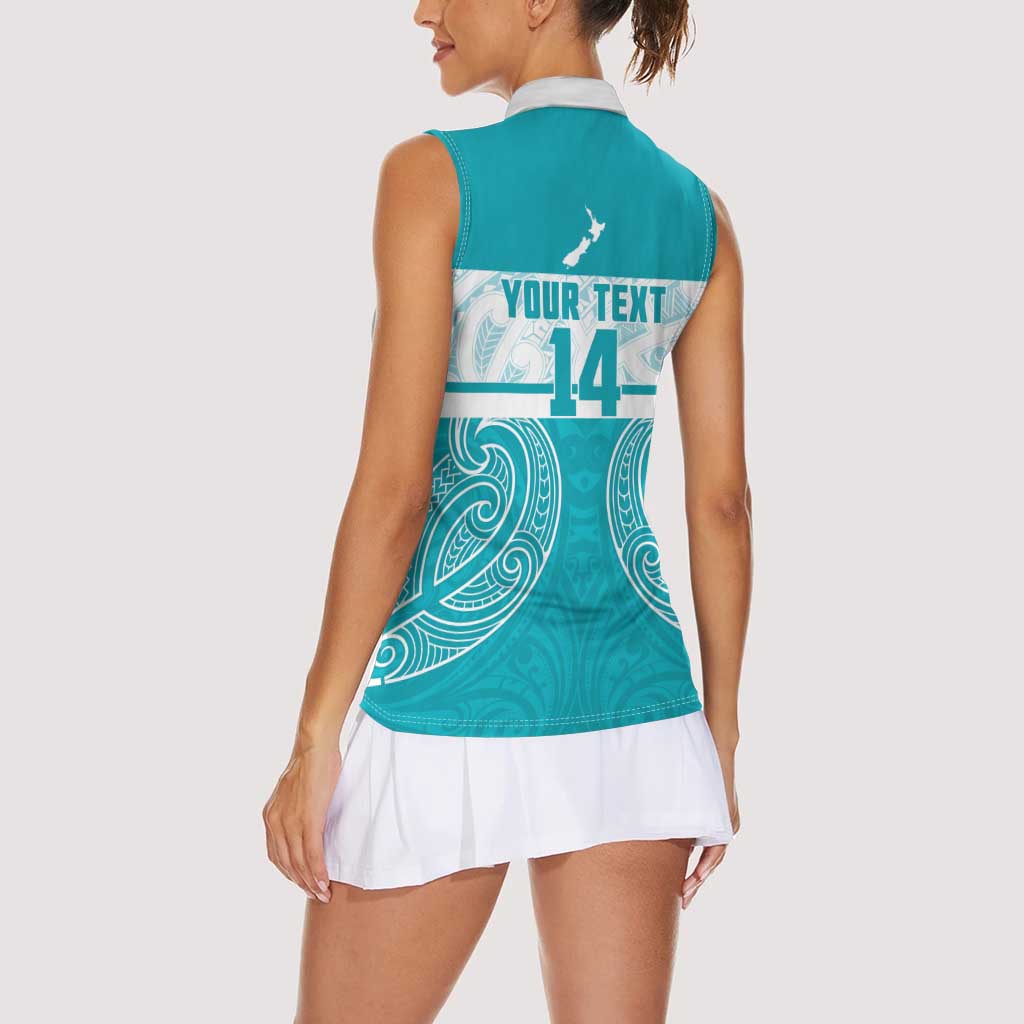 New Zealand Silver Fern Cricket Custom Women Sleeveless Polo Shirt Black Cap Teal Maori Pattern - Vibe Hoodie