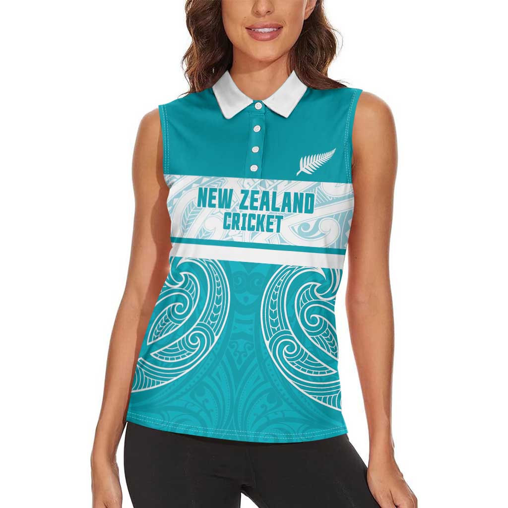 New Zealand Silver Fern Cricket Custom Women Sleeveless Polo Shirt Black Cap Teal Maori Pattern - Vibe Hoodie