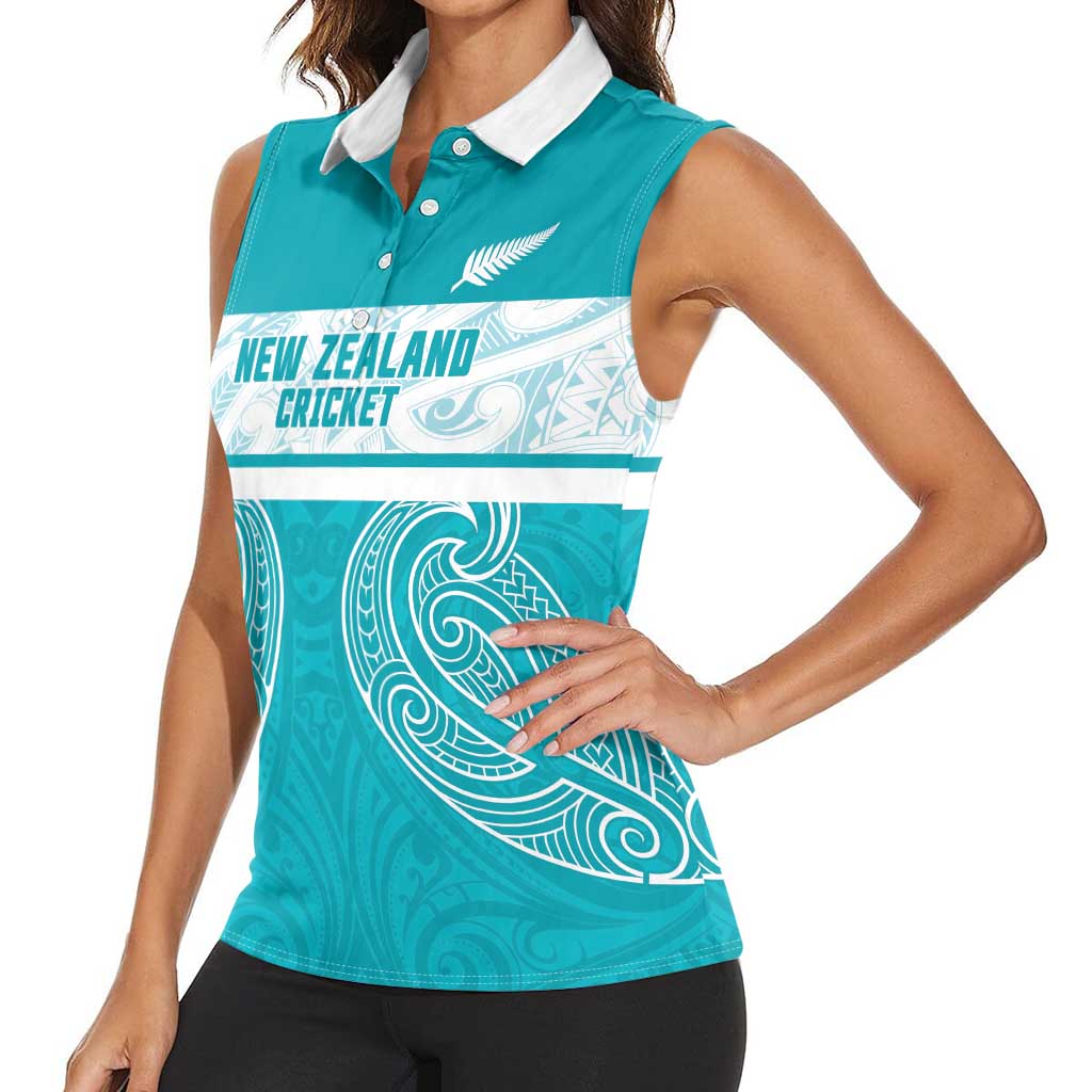 New Zealand Silver Fern Cricket Custom Women Sleeveless Polo Shirt Black Cap Teal Maori Pattern - Vibe Hoodie