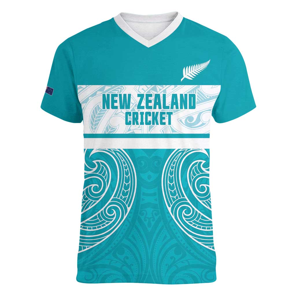 New Zealand Silver Fern Cricket Custom Women V-Neck T-Shirt Black Cap Teal Maori Pattern - Vibe Hoodie