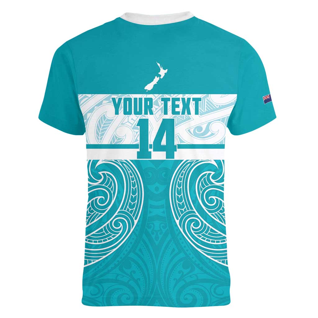 New Zealand Silver Fern Cricket Custom Women V-Neck T-Shirt Black Cap Teal Maori Pattern - Vibe Hoodie
