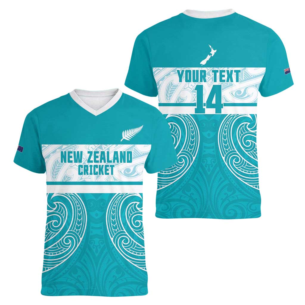 New Zealand Silver Fern Cricket Custom Women V-Neck T-Shirt Black Cap Teal Maori Pattern - Vibe Hoodie