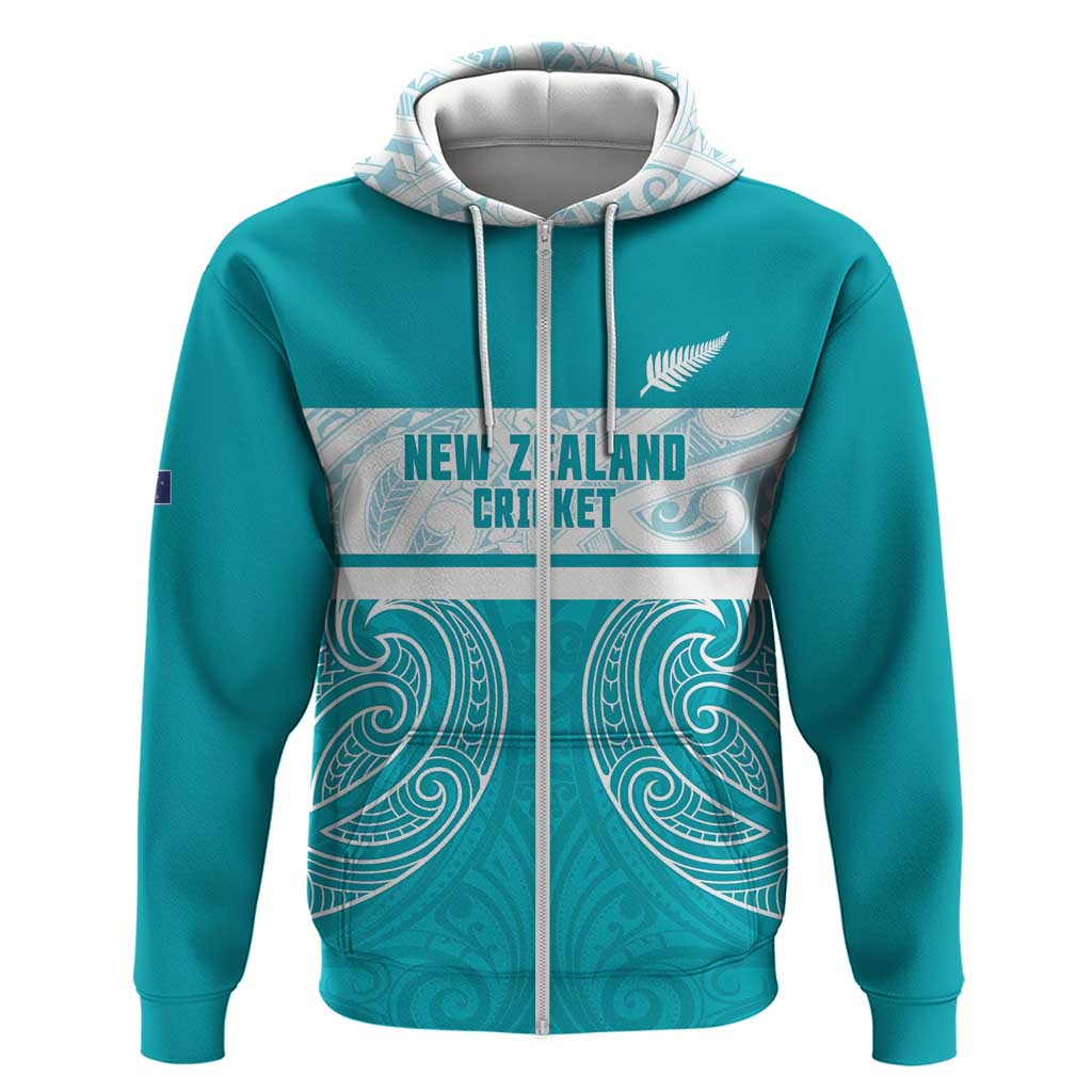 New Zealand Silver Fern Cricket Custom Zip Hoodie Black Cap Teal Maori Pattern - Vibe Hoodie