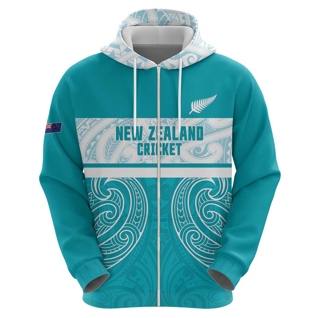New Zealand Silver Fern Cricket Custom Zip Hoodie Black Cap Teal Maori Pattern - Vibe Hoodie