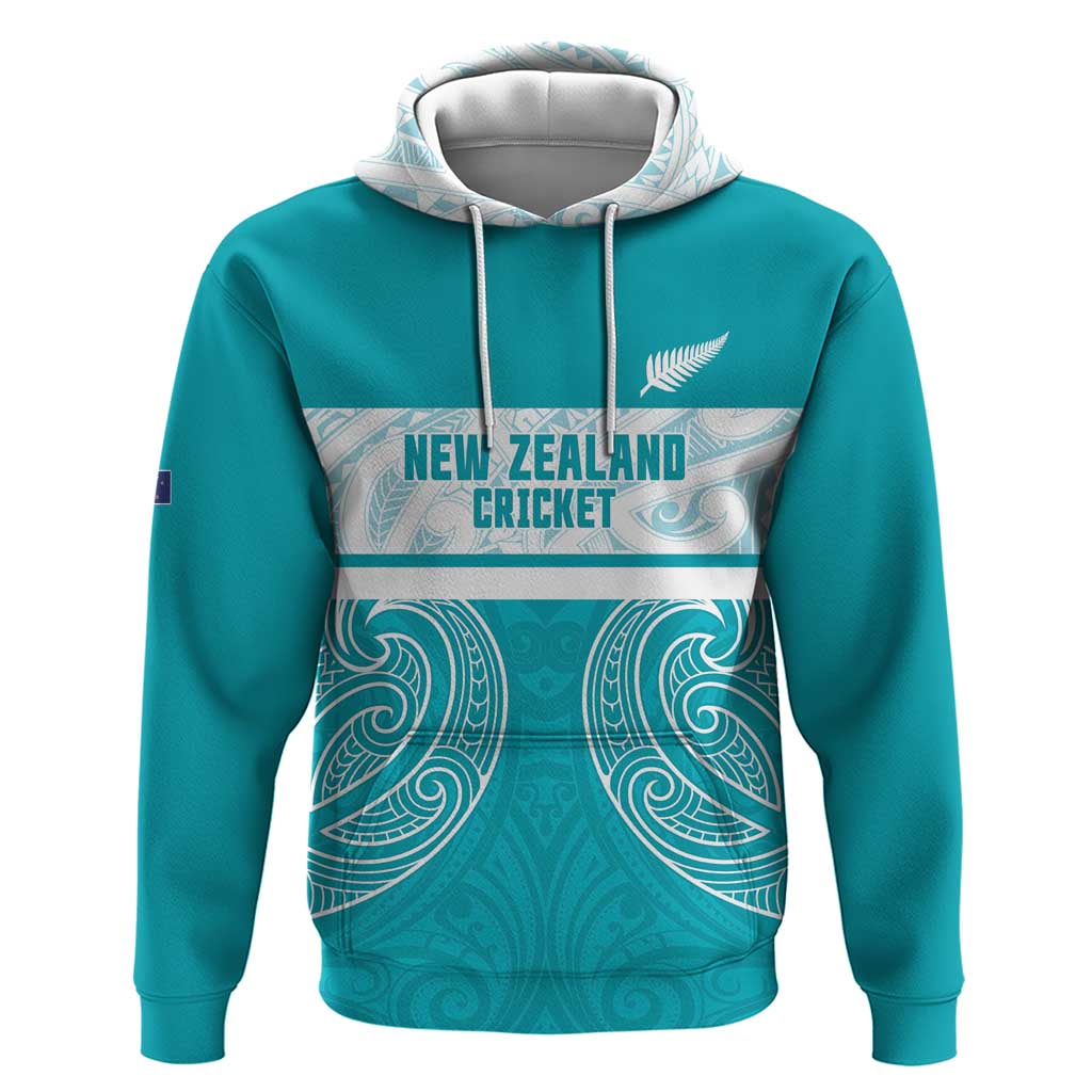 New Zealand Silver Fern Cricket Custom Zip Hoodie Black Cap Teal Maori Pattern - Vibe Hoodie