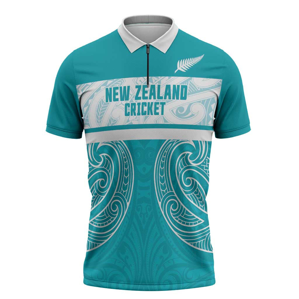 New Zealand Silver Fern Cricket Custom Zipper Polo Shirt Black Cap Teal Maori Pattern - Vibe Hoodie