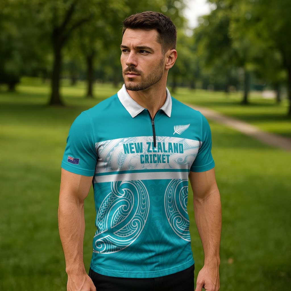 New Zealand Silver Fern Cricket Custom Zipper Polo Shirt Black Cap Teal Maori Pattern - Vibe Hoodie