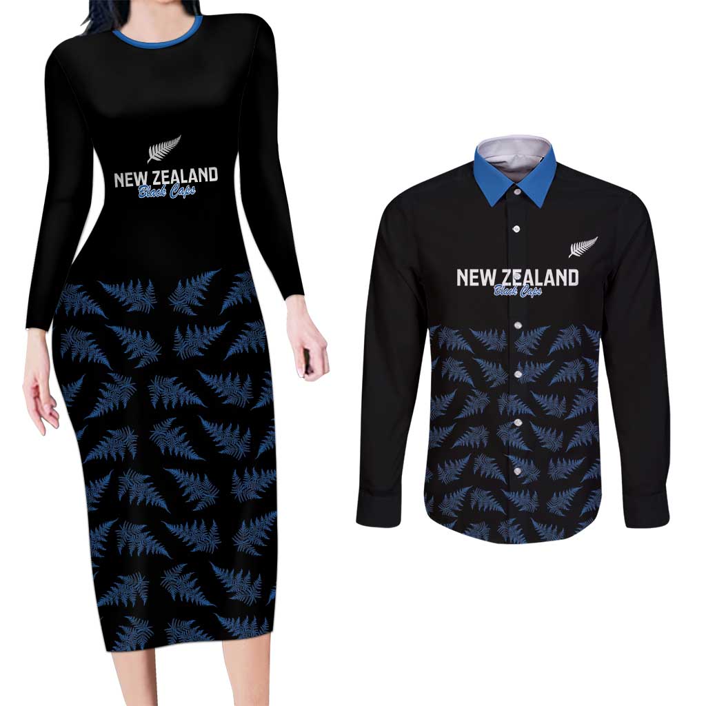 New Zealand Silver Fern Cricket Custom Couples Matching Long Sleeve Bodycon Dress and Long Sleeve Button Shirt Black Cap T20 Version - Vibe Hoodie