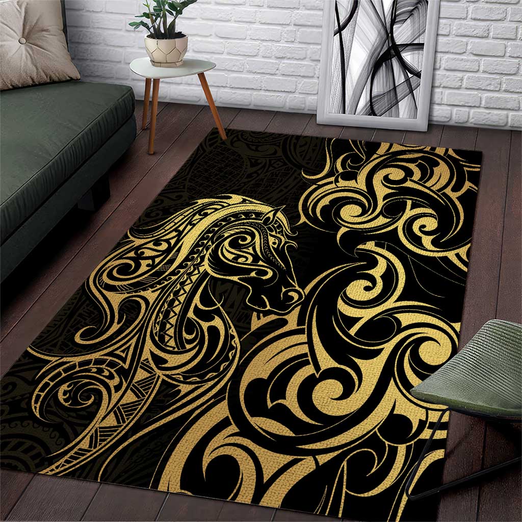 Gold And Black Aoteara Horse Racing Area Rug NZ Maori Pattern - Vibe Hoodie Shop