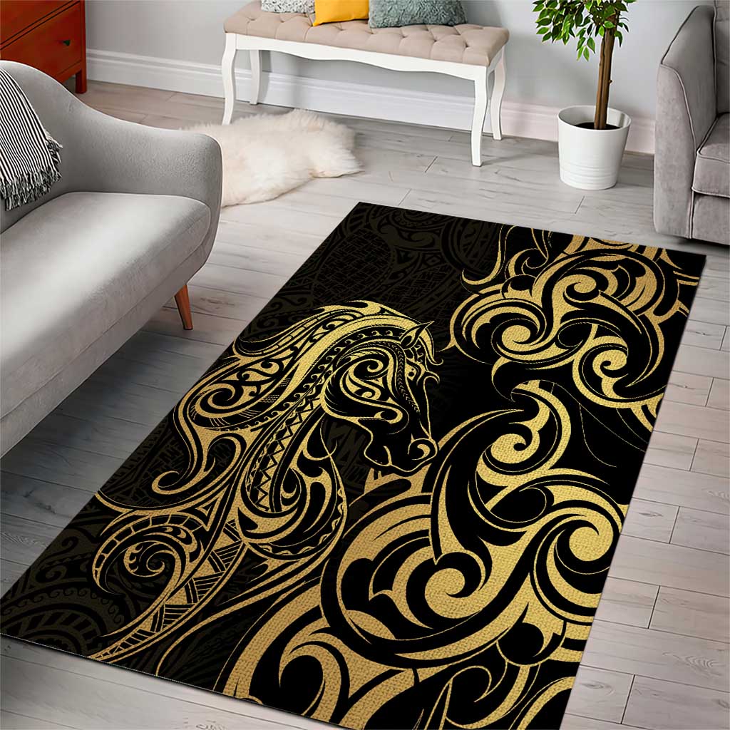 Gold And Black Aoteara Horse Racing Area Rug NZ Maori Pattern - Vibe Hoodie Shop