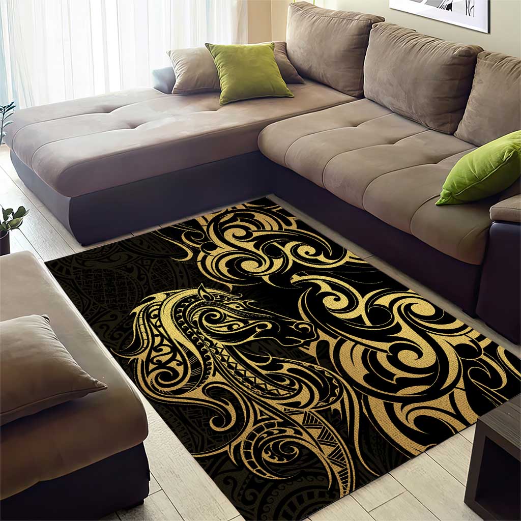 Gold And Black Aoteara Horse Racing Area Rug NZ Maori Pattern - Vibe Hoodie Shop