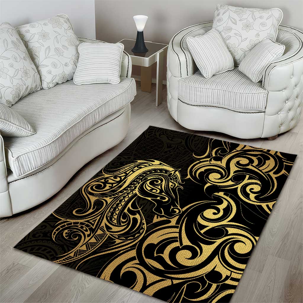 Gold And Black Aoteara Horse Racing Area Rug NZ Maori Pattern - Vibe Hoodie Shop