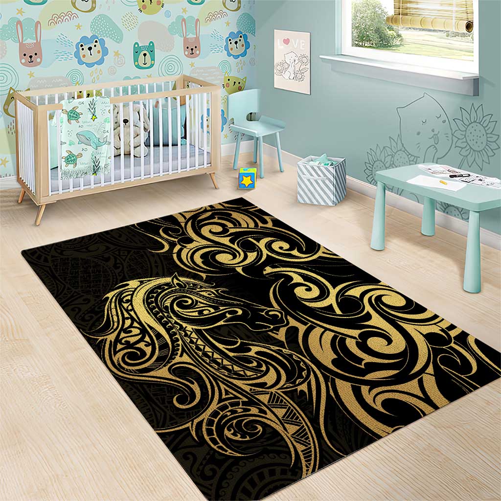 Gold And Black Aoteara Horse Racing Area Rug NZ Maori Pattern - Vibe Hoodie Shop