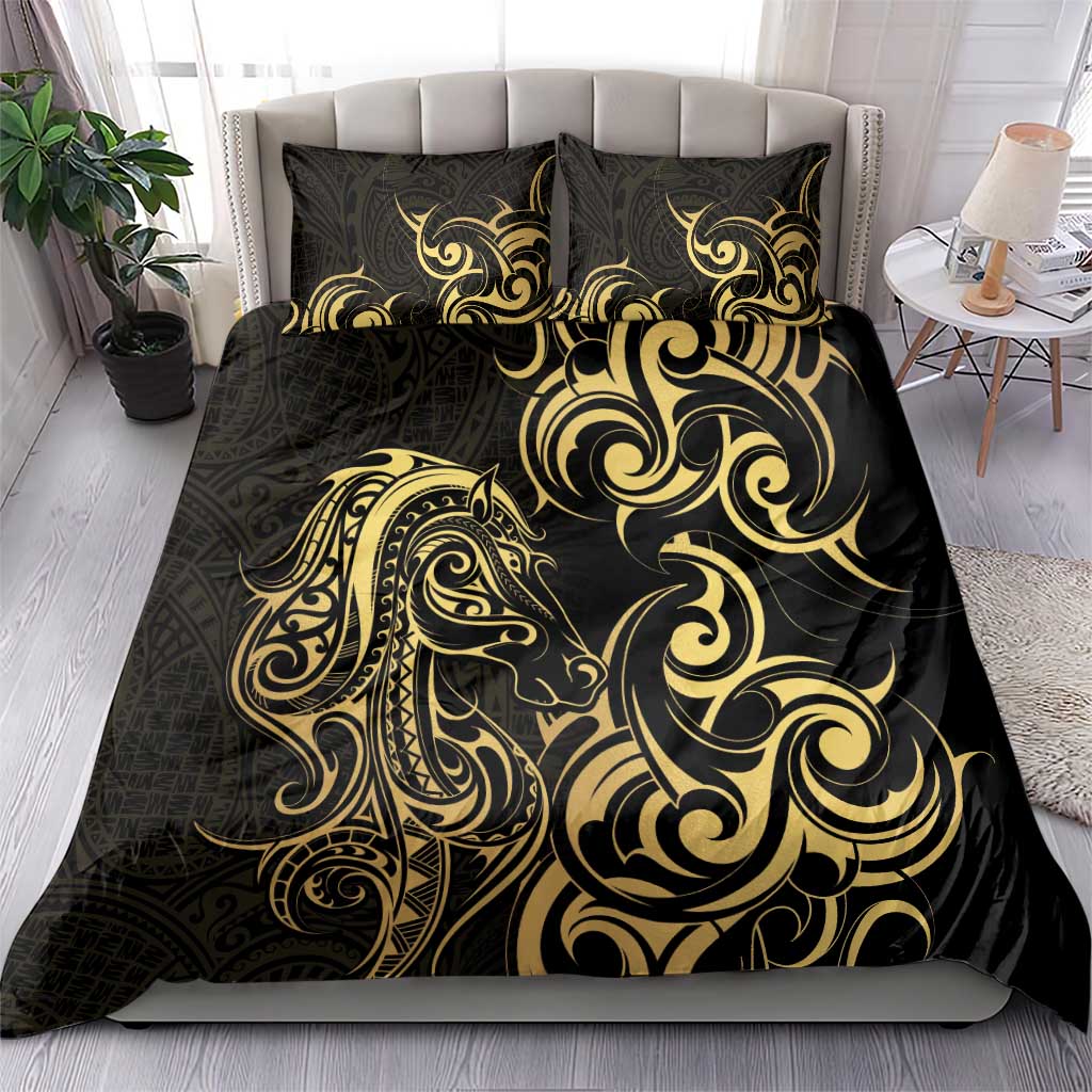 Gold And Black Aoteara Horse Racing Bedding Set NZ Maori Pattern - Vibe Hoodie Shop