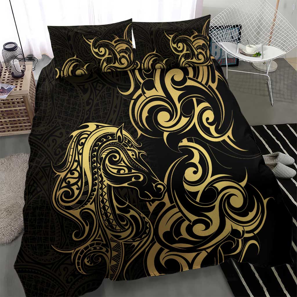 Gold And Black Aoteara Horse Racing Bedding Set NZ Maori Pattern - Vibe Hoodie Shop