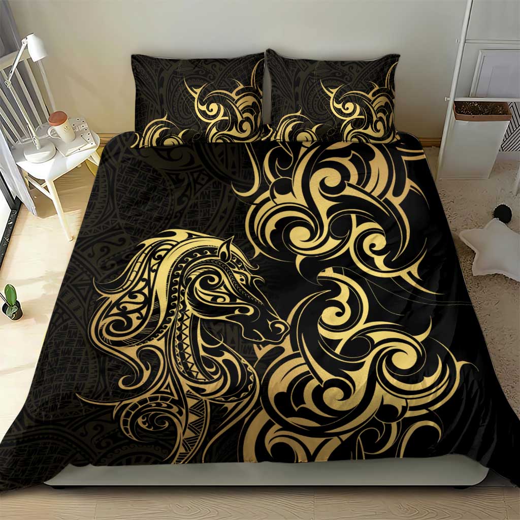 Gold And Black Aoteara Horse Racing Bedding Set NZ Maori Pattern - Vibe Hoodie Shop