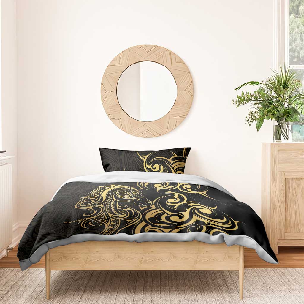 Gold And Black Aoteara Horse Racing Bedding Set NZ Maori Pattern - Vibe Hoodie Shop