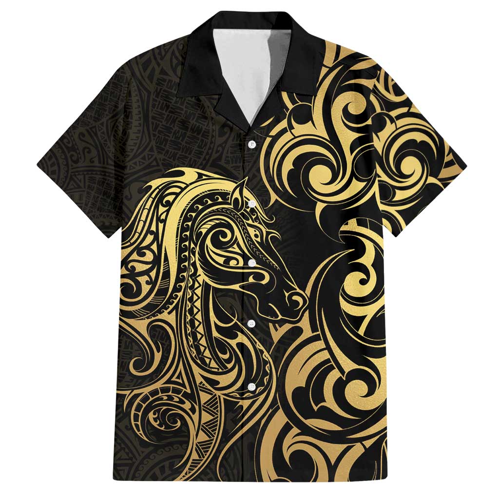 Gold And Black Aoteara Horse Racing Family Matching Long Sleeve Bodycon Dress and Hawaiian Shirt NZ Maori Pattern