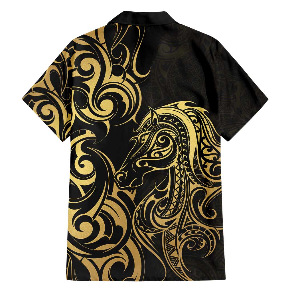 Gold And Black Aoteara Horse Racing Family Matching Long Sleeve Bodycon Dress and Hawaiian Shirt NZ Maori Pattern