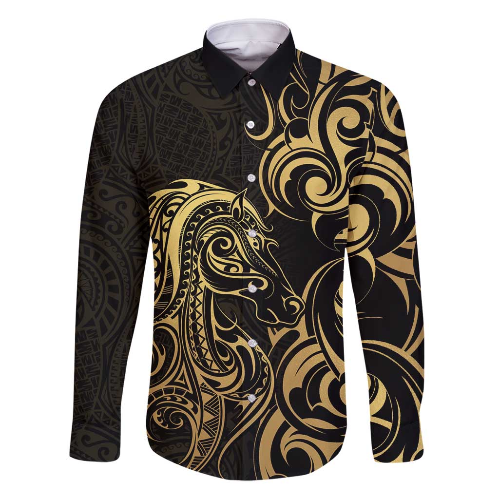 Gold And Black Aoteara Horse Racing Family Matching Long Sleeve Bodycon Dress and Hawaiian Shirt NZ Maori Pattern